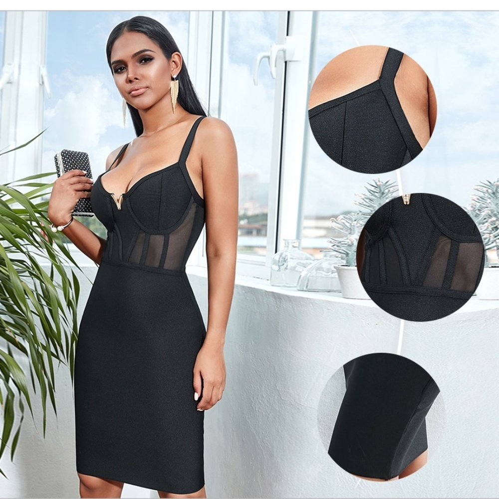 Rouge! Black Midi Bodycon Dress with Sheer Corset Panels - Picture 7 of 11